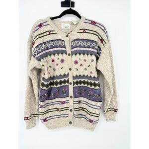 Vtg Northern Treasures Wool Blend Granny Sweater Cardigan M Cottagecore Floral